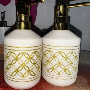 White Ceramic Soap or Lotion Dispenser | Gold Pump | Modern Bathroom Decor